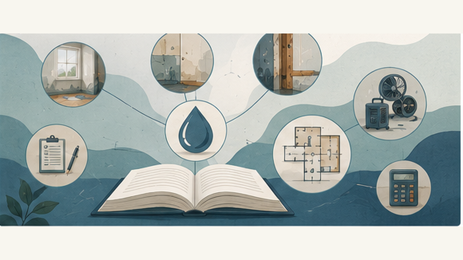 Editorial illustration representing safety, hidden moisture, restoration terminology, and cost factors.