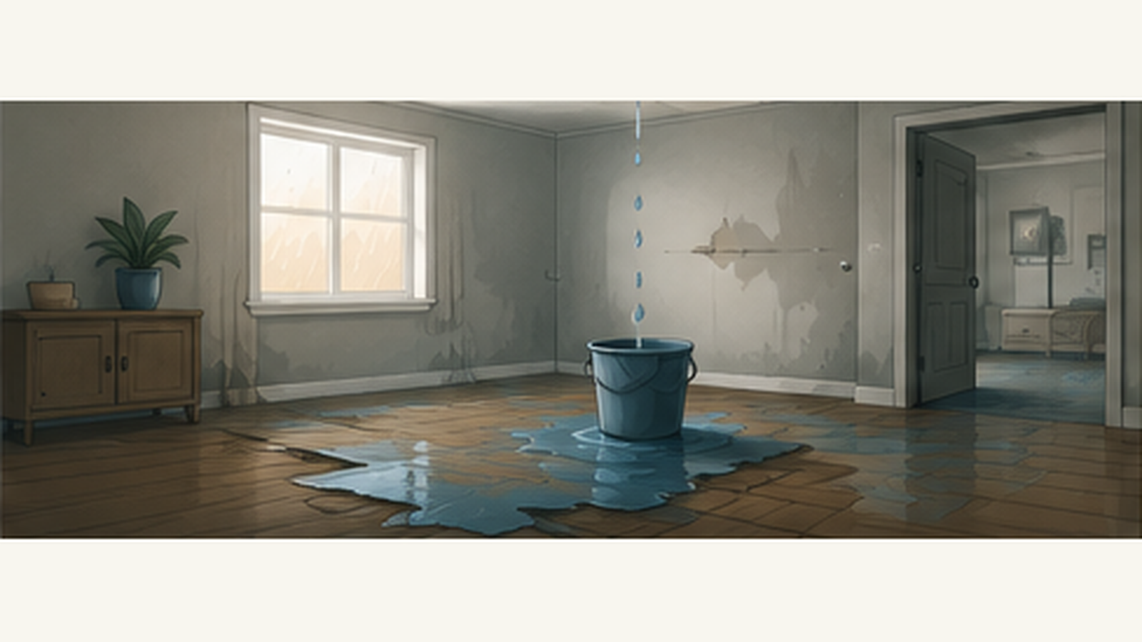 Editorial illustration of residential water damage affecting a ceiling, walls, and flooring.