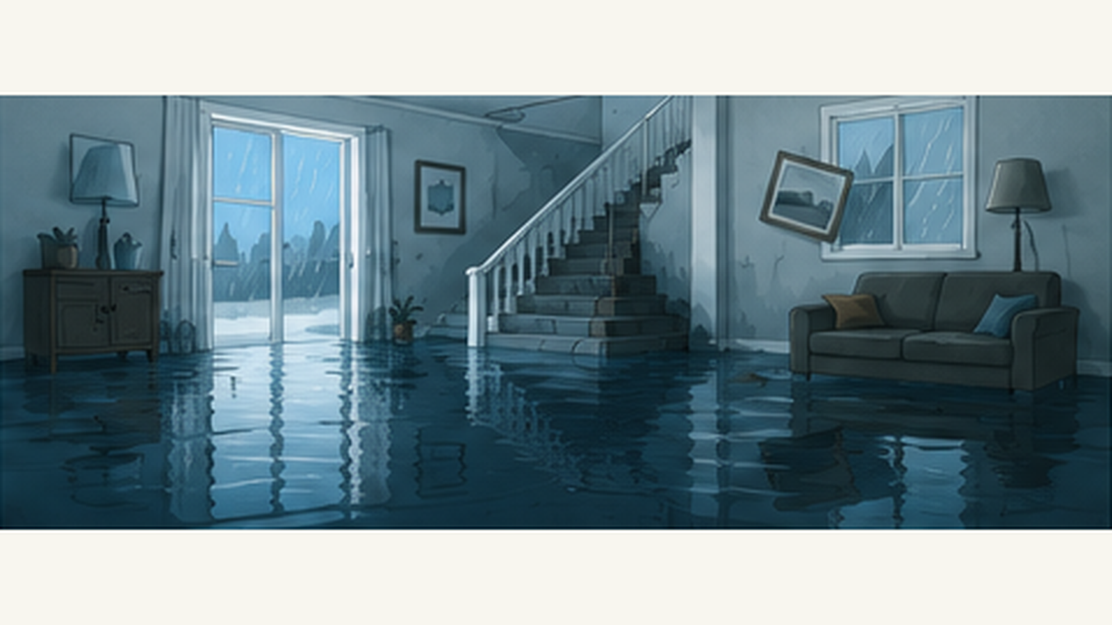 Editorial illustration of floodwater entering and covering part of a residential interior.