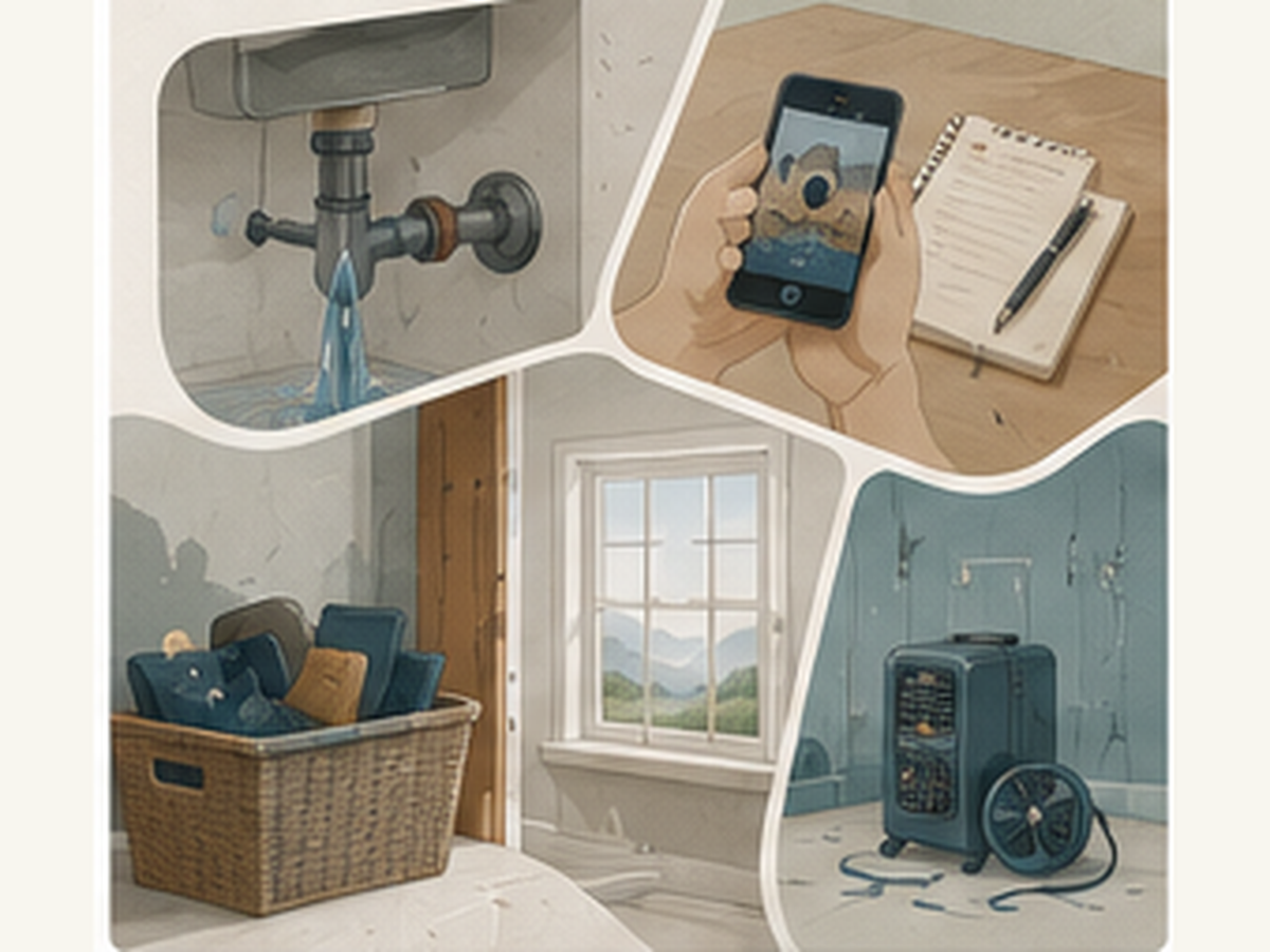 Illustrated considerations after water damage, including stopping the source, documenting damage, protecting belongings, and drying.