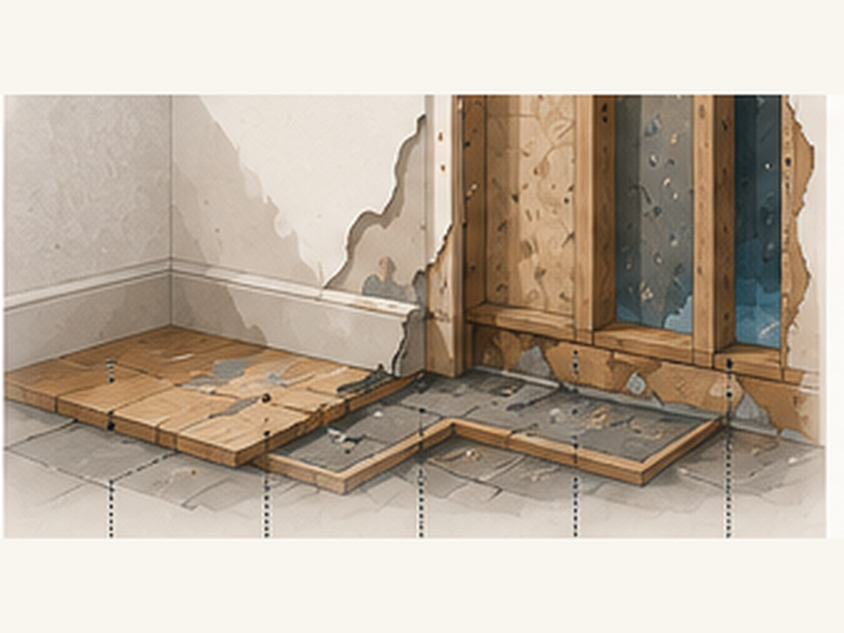 Cutaway illustration showing staining, damaged finishes, and possible hidden moisture behind walls and flooring.