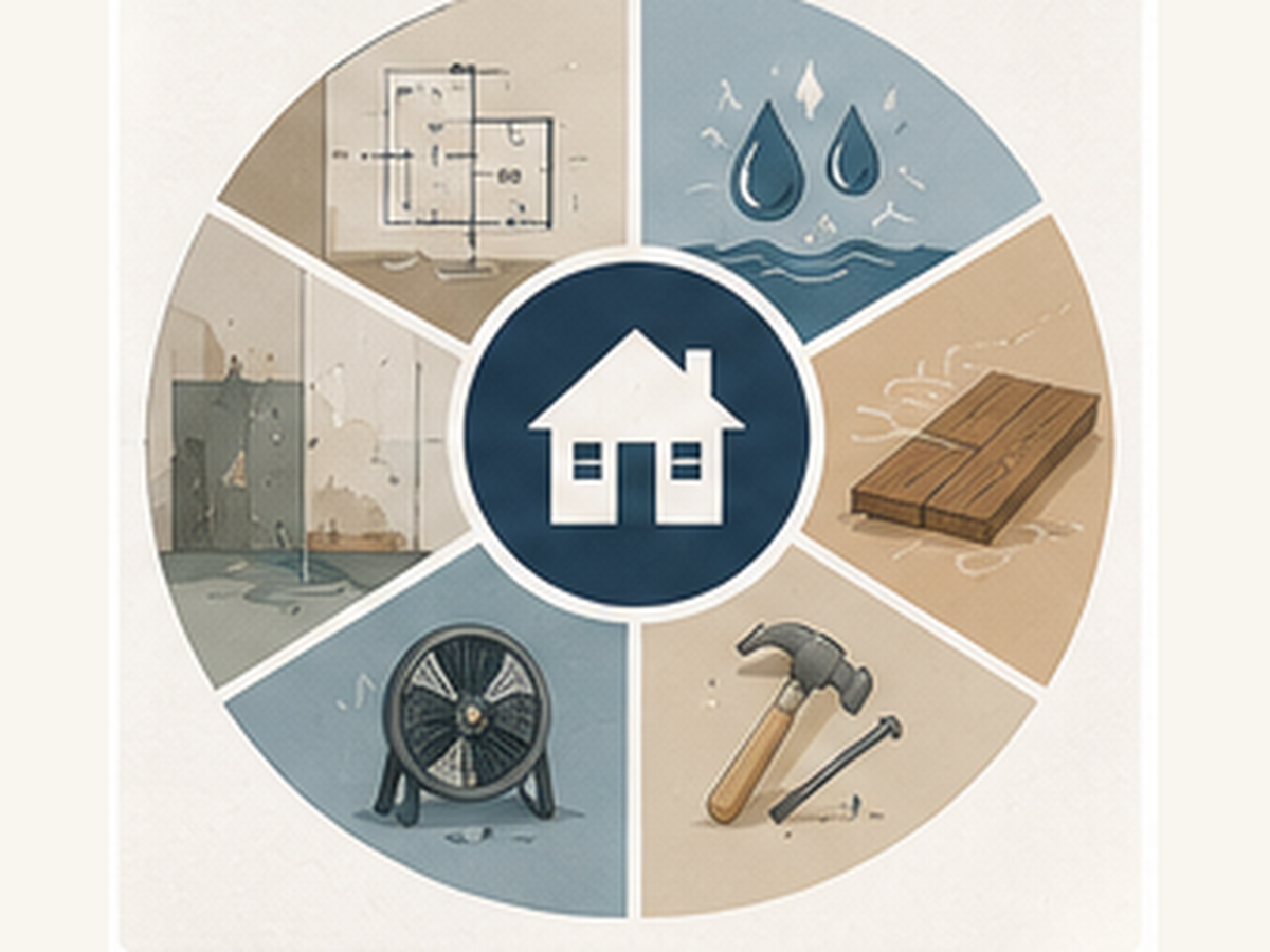 Editorial illustration showing property, moisture, materials, drying, access, and repair factors that can affect restoration cost.